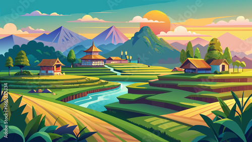 Scenic rural farmland glows with vibrant rice fields, Southeast Asia bathed in light, timeless cultivation whispers tradition, harmony of earth and people inspires peace, eternal green landscape breat
