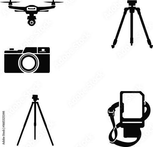 Photography equipment drone camera tripod accessories vector icons illustration set design black