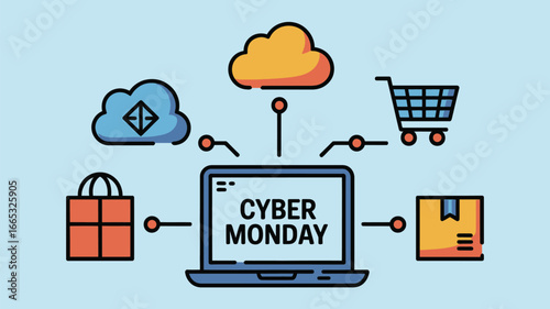 A cyber monday themed illustration featuring a laptop and various shopping related icons around it