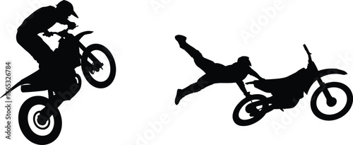 Silhouettes of motocross riders performing extreme stunts in mid-air on dirt bikes, showcasing adrenaline, skill, and freestyle sport action
