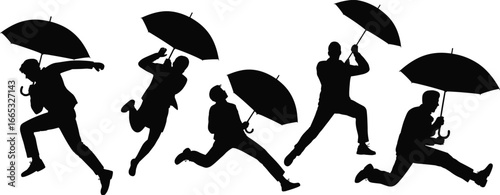 Silhouettes of jumping men holding umbrellas, expressing joy and energy, isolated on white background, perfect for creative, dynamic, and fun concepts