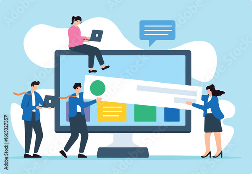 Flat illustration of business people carry web banner creating website on computer screen