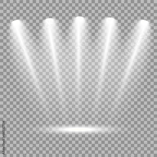Spotlight on dark wall, realistic soft concert light on abstract stage png. White projector scene with rays, vector illustration Vector illustration Scene illumination collection, transparent effects.