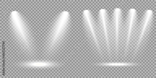 Spotlight on dark wall, realistic soft concert light on abstract stage png. Realistic light source set on transparent bg with reflection on floor. Scene floodlight spotlight stage beam. Lighted scene.