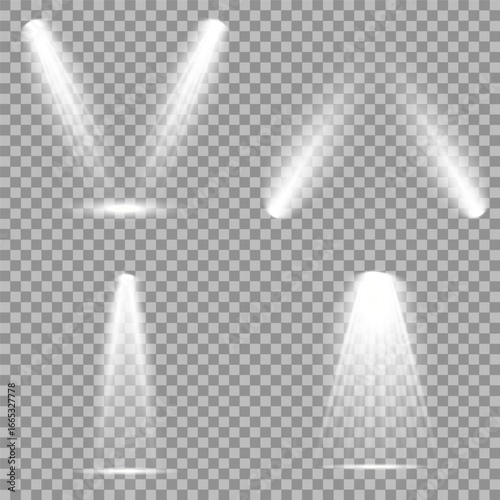 White projector scene with rays, vector illustration Spotlight on dark wall, realistic soft concert light on abstract stage png. Scene floodlight spotlight stage beam. Bright lighting with spotlights.