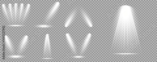 White projector scene with rays, vector illustration Spotlight on dark wall, realistic soft concert light on abstract stage png. Scene floodlight spotlight stage beam. Bright lighting with spotlights.