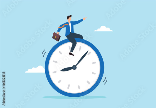Flat illustration of businessman ride clock time management foresight in managing project deadline opportunity timer countdown progress