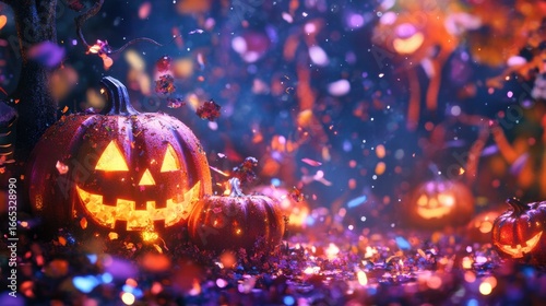 Festive halloween pumpkins with confetti and glowing lights in a spooky night scene setting