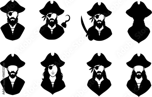 Pirates male and female silhouette. Good use for symbol, web icon, logo, game element, mascot, or any design you want. Easy to use.

