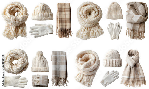 Cozy winter clothing set isolated on transparent background, featuring knitted hats, scarves, and gloves for warmth and style during the cold season