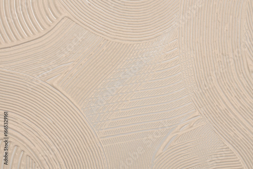 Abstract beige color modeling clay and acrylic strip line wave relief painting wall. Stucco grunge geometric texture background.