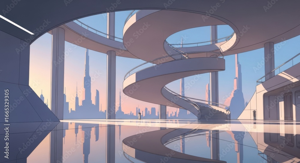Naklejka premium Futuristic architecture with a grand spiral staircase and reflections