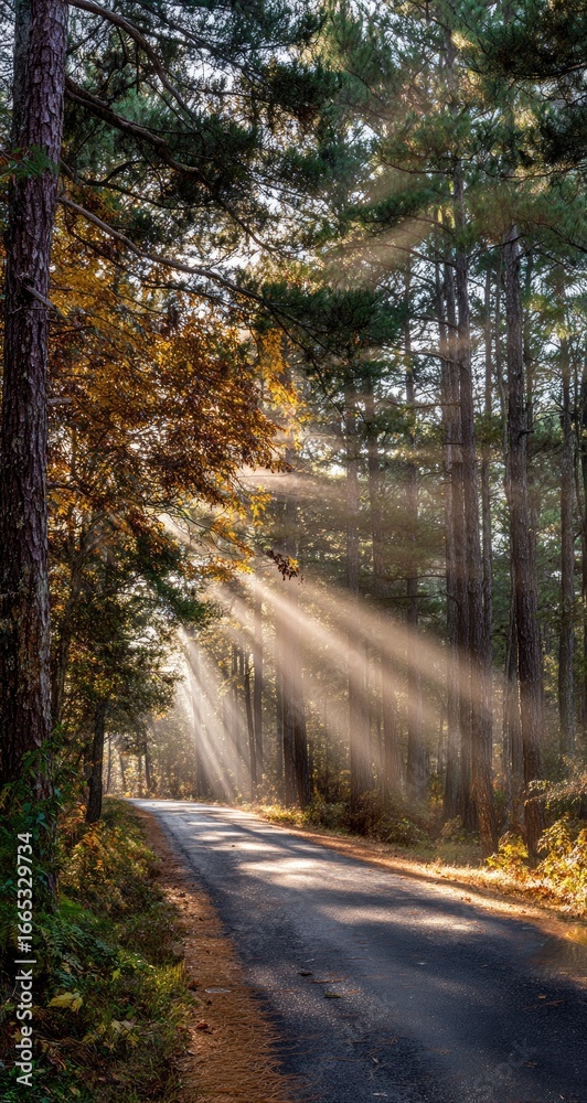 Fototapeta premium Sunlight streams through autumn forest