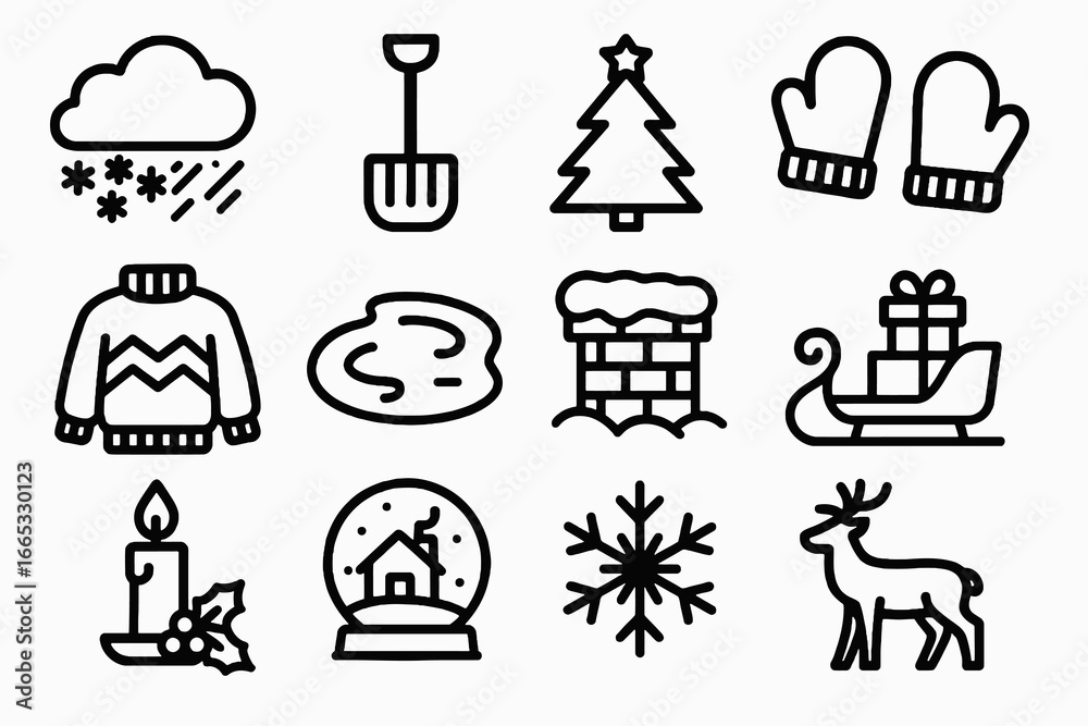 Naklejka premium Set of 12 black festive winter icons in flat vector style with white background, ideal for apps, cards, and holiday graphic projects.