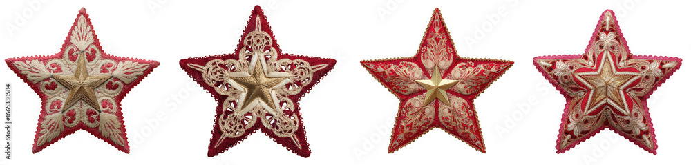 Fototapeta premium Four red and gold star ornaments with intricate patterns isolated on transparent background for festive decorations and holiday celebrations