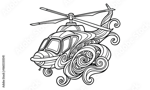 Helicopter t shirt design silhouette and vector line art, detailed high quality illustration, perfect for mindfulness, relaxation, stress relief, adult coloring books, printable artwork.
