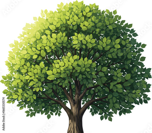 Detailed digital illustration of a lush green tree with dense foliage, strong trunk, and natural shading for environmental and nature design projects