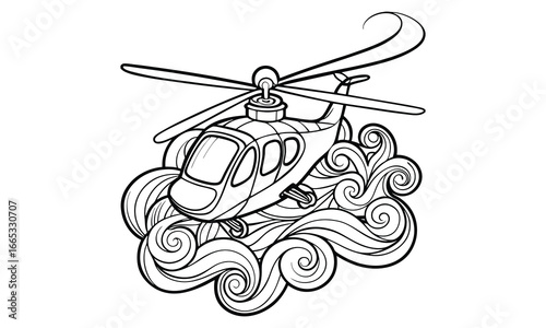 Helicopter t shirt design silhouette and vector line art, detailed high quality illustration, perfect for mindfulness, relaxation, stress relief, adult coloring books, printable artwork.