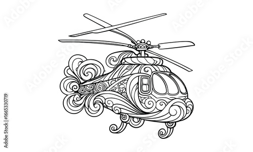 Helicopter t shirt design silhouette and vector line art, detailed high quality illustration, perfect for mindfulness, relaxation, stress relief, adult coloring books, printable artwork.