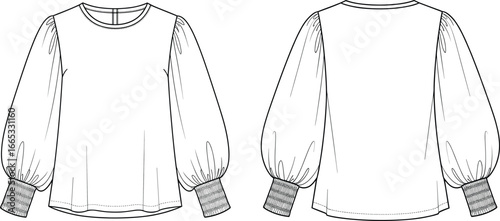 Vector fashion flat of women's long puff sleeve blouse with wide ribbed cuffs, round neckline, front and back views, garment design template