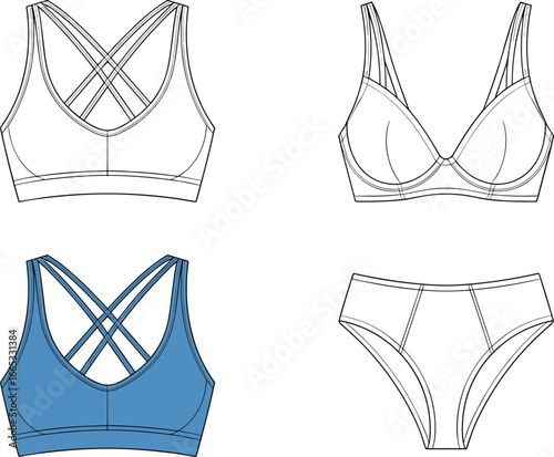 Vector technical flat of lingerie set with cross back sports bra, underwire bra, briefs, front view, line art and color fill, fashion garment template illustration