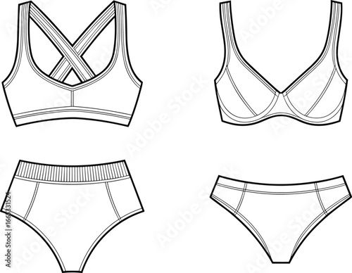 Vector technical flat of lingerie set with cross back sports bra, underwire bra, briefs, front view, line art fashion garment template illustration