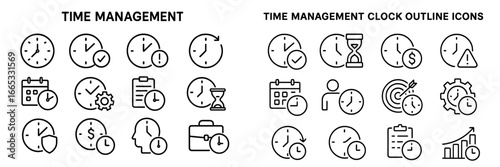 Vector icons representing time management concepts including clocks, calendars, and productivity tools
