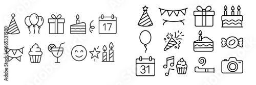 Colorful party icons featuring balloons, cakes, gifts, and festive decorations for celebration events