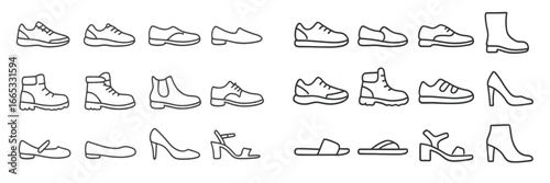 Various styles of footwear displayed in a minimalist line drawing format on a white background for fashion inspiration