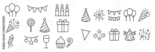 Festive decorations featuring balloons, candles, and party hats in a joyful celebration atmosphere
