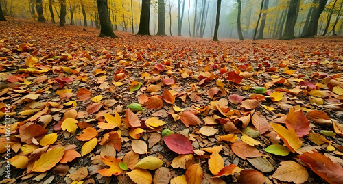 A forest floor covered in colorful fallen leaves