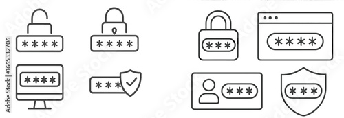 Collection of outline icons representing encryption algorithms, secure data transmission, and digital security concepts