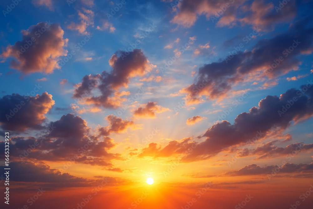Fototapeta premium Beautiful Dramatic Sunset Sky with Colorful Clouds and Sunbeams