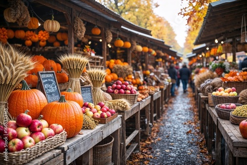 Vibrant autumn market full of pumpkins and fresh produce during a sunny day in fall