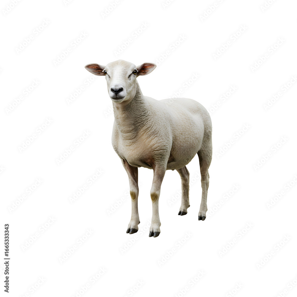 Fototapeta premium Domestic sheep standing isolated on white backgroun symbol of farming, agriculture, and livestock husbadry