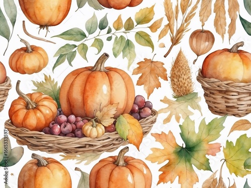Various pumpkins and autumn foliage arranged in decorative baskets on a white background