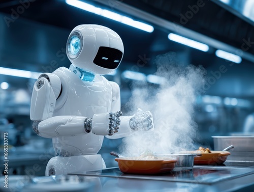 Futuristic Robot Chef Preparing Culinary Delights in High-Tech Kitchen