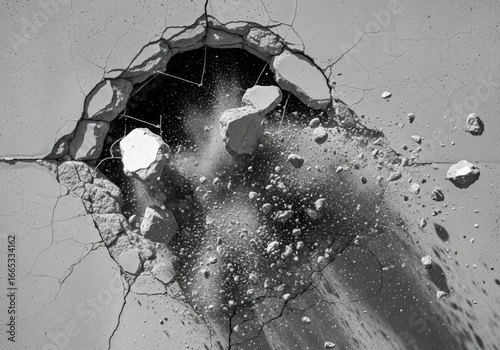 A hole is blasted through a concrete wall, sending debris flying in a powerful explosion