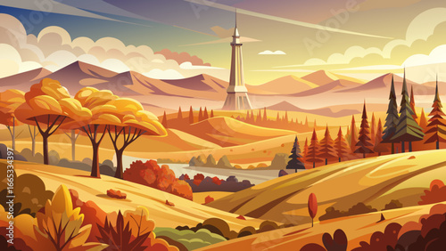 Autumnal shades spread across rolling Eifel landscape, hills glowing warmly, timeless trees whisper golden calm, horizon breathes harmony, radiant beauty inspires peace, eternal seasonal charm unfolds
