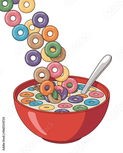 Colorful Cereal Rings Falling Into a Red Bowl Full of Milk with Spoon Ready for Breakfast Delight