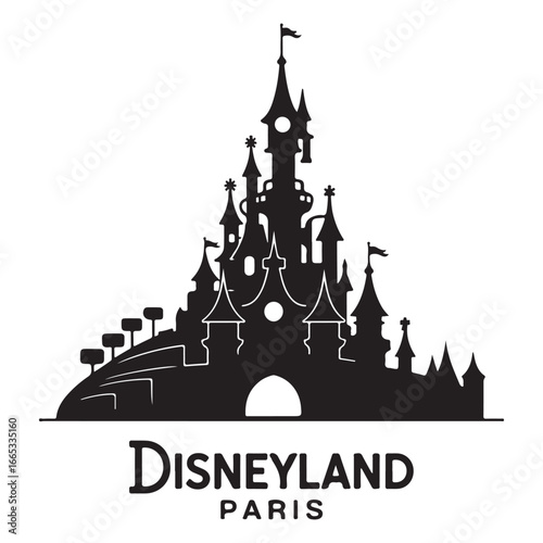 Black silhouette of Disneyland Paris castle with text below architecture fairytale