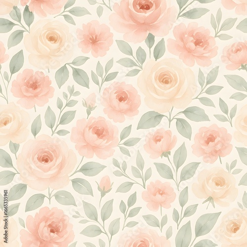 Seamless watercolor pattern of blush roses with green leaves on cream paper, soft botanical repeat, romantic floral background for packaging, textiles, gift wrap or wedding stationery.