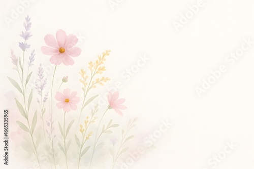 Delicate wildflowers in soft watercolor with generous right-side copy space, pastel pinks and purples on textured paper, perfect for invitations, spring branding, and website backgrounds