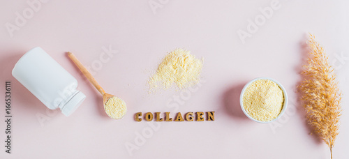 Hydrolyzed collagen protein powder in bowl on table top view web banner