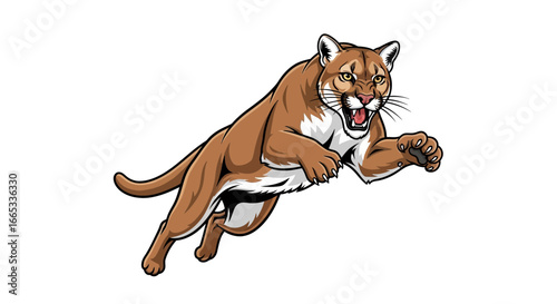 Aggressive cougar pouncing forward with open mouth and extended claws