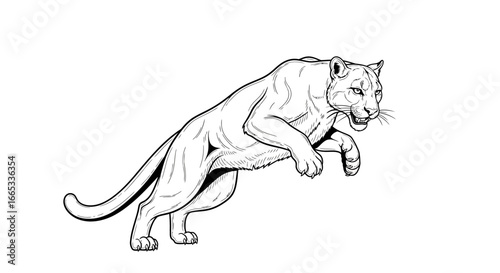 Dynamic black and white illustration of a leaping cougar in mid air