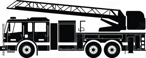 Fire truck silhouette, ladder truck vector, emergency vehicle illustration, rescue truck design, firefighting transportation, fire engine artwork, safety vehicle clipart, fire department truck graphic
