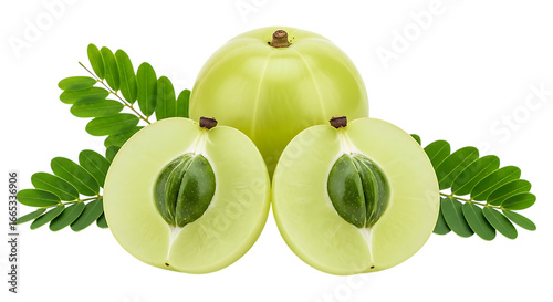 Fresh amla fruit with leaves isolated on black background