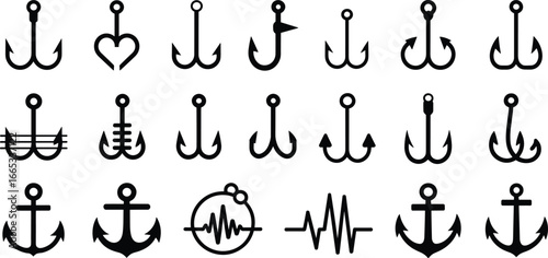 Fishing hook silhouette, anchor vector design, nautical icons, heartbeat fishing symbol, marine equipment, double hook illustration, love fishing concept, sea adventure, ocean decor