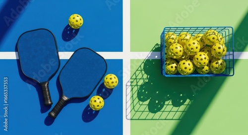 Pickleball paddles and balls on a court, viewed from above